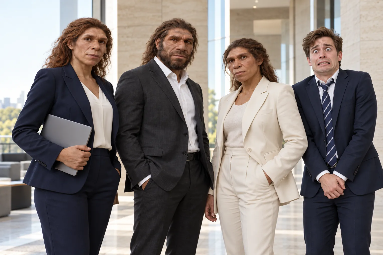 Three composed Neanderthal partners beside Hugh Mann, a terrified modern-human frat bro in a navy suit; AI-generated team photograph